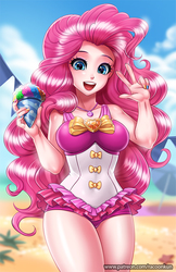 Size: 750x1160 | Tagged: safe, artist:racoonsan, pinkie pie, human, equestria girls, equestria girls series, too hot to handle, adorasexy, anime, beach, beach babe, beautiful, bow swimsuit, clothes, curvy, cute, diapinkes, female, frilled swimsuit, geode of sugar bombs, humanized, jewelry, looking at you, magical geodes, nail polish, necklace, one-piece swimsuit, open mouth, peace sign, pink swimsuit, pinkie pie swimsuit, ponk, sexy, smiling, snowcone, solo, standing, stupid sexy pinkie, swimsuit, thighs, tricolor swimsuit