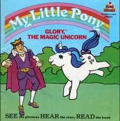 Size: 357x360 | Tagged: safe, glory, human, pony, unicorn, g1, official, book, book cover, cover, glory the magic unicorn, horn, prince, prince rudolph, read-along book, story, storybook, teleportation, video at source, winking out, wish magic, wizard