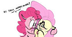 Size: 1653x865 | Tagged: safe, artist:hattsy, fluttershy, pinkie pie, earth pony, pegasus, pony, g4, blushing, bust, crying, dialogue, duo, eye contact, female, floppy ears, frown, heck, hug, lidded eyes, lip bite, looking at each other, mare, open mouth, sad, simple background, smiling, wat, white background