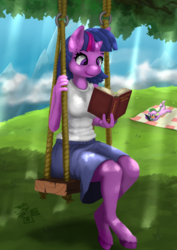 Size: 1447x2047 | Tagged: safe, artist:mik3thestrange, spike, twilight sparkle, alicorn, dragon, anthro, unguligrade anthro, g4, baby, baby dragon, book, clothes, cute, female, outdoors, picnic blanket, reading, smiling, swing, tree, twilight sparkle (alicorn)
