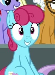 Size: 247x335 | Tagged: safe, screencap, bluebonnet, fizzy candy, leafy breeze, ruby redmane, earth pony, pegasus, pony, g4, the washouts (episode), background pony, blue bon, discovery family logo, female, grin, happy, mare, smiling, solo focus