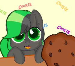Size: 1600x1400 | Tagged: safe, artist:albatrosonset, oc, oc only, oc:varah bubble, pony, animated, chocolate chip cookie, colored, cookie, cute, eye shimmer, female, food, happy, mare, simple background, solo, table, tail wag, ych result