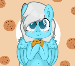 Size: 1600x1400 | Tagged: safe, artist:albatrosonset, oc, oc only, oc:sea fluff, pegasus, pony, animated, belly button, blinking, blushing, chocolate chip cookie, colored, colored pupils, cookie, cute, female, food, hoof hold, mare, simple background, solo, ych result
