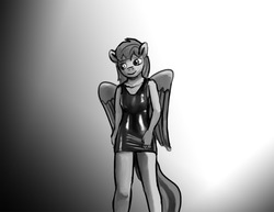 Size: 1280x989 | Tagged: safe, artist:warskunk, oc, oc:cold front, anthro, anthro oc, black dress, breast forms, breasts, clothes, crossdressing, dress, femboy, latex, little black dress, male, request, smiling, stallion, trap