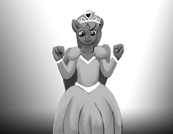 Size: 1280x989 | Tagged: safe, artist:warskunk, oc, oc:cold front, anthro, what lies beneath, anthro oc, clothes, crossdressing, cute, dress, grayscale, jewelry, male, monochrome, smiling, stallion, tiara