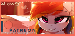 Size: 1400x683 | Tagged: safe, artist:magnaluna, rainbow dash, g4, advertisement, chest fluff, cropcon, cropped, cropped porn, dialogue, patreon, patreon logo, patreon preview