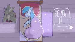 Size: 1920x1080 | Tagged: safe, artist:sweettodessertto, oc, oc only, oc:honey melon, pony, bed, blanket, crying, dialogue, digital art, female, lying down, mare, offscreen character, sad, teary eyes