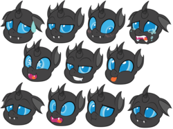 Size: 892x665 | Tagged: safe, artist:breloomsgarden, oc, oc only, oc:archex, changeling, blue changeling, blushing, changeling oc, chibi, commission, crying, cute, cuteling, digital art, emotions, expressions, simple background, solo, starry eyes, tongue out, transparent background, wingding eyes, ych result