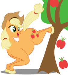 Size: 1900x2100 | Tagged: safe, artist:shitigal-artust, applejack, earth pony, horse, pony, anatomically incorrect, apple, apple tree, applebucking, applebutt, applejack mid tree-buck facing the left with 3 apples falling down, applejack mid tree-buck with 3 apples falling down, applejack's hat, butt, chubby, cowboy hat, falling, female, food, hat, hoers, incorrect leg anatomy, looking back, mare, open mouth, plot, simple background, smiling, solo, transparent background, tree, what has magic done, what has science done