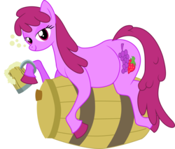 Size: 2394x2043 | Tagged: safe, artist:shitigal-artust, berry punch, berryshine, earth pony, pony, g4, barrel, chubby, cider, drunk, female, high res, hoers, looking at you, mare, prone, simple background, solo, tankard, transparent background