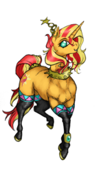 Size: 675x1200 | Tagged: safe, artist:pantheracantus, sunset shimmer, pony, unicorn, g4, clothes, collar, cutie mark, jewelry, pose, simple background, smiling, stockings, thigh highs, white background