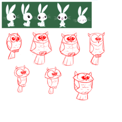 Size: 1000x1000 | Tagged: safe, angel bunny, bird, owl, rabbit, g4, animal, concept art, green background, monochrome, redscale, simple background, white background