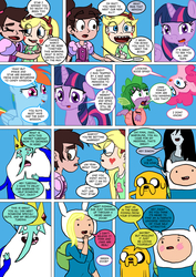 Size: 800x1133 | Tagged: safe, artist:imbriaart, pinkie pie, rainbow dash, spike, twilight sparkle, alicorn, dog, dragon, earth pony, human, pegasus, pony, comic:magic princess war, g4, adventure time, blushing, comic, crossdressing, crossover, disguise, finn the human, fionna the human, ice king, jake the dog, male, marceline, marco diaz, star butterfly, star vs the forces of evil, twilight sparkle (alicorn)