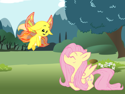 Size: 1024x768 | Tagged: safe, artist:azulmimi99, fluttershy, pegasus, pony, g4, crossover, eyes closed, faerie, flying, kacheek, mountain, neopets, smiling, tree