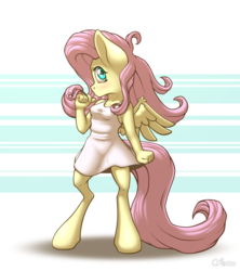 Size: 1920x2160 | Tagged: safe, artist:ohemo, fluttershy, pegasus, anthro, unguligrade anthro, g4, blushing, clothes, cute, dress, female, looking at you, shyabetes, solo