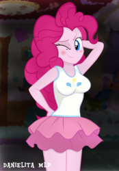 Size: 1024x1473 | Tagged: safe, artist:danielitamlp, pinkie pie, equestria girls, g4, my little pony equestria girls: better together, arm behind head, bedroom eyes, blushing, breasts, busty pinkie pie, clothes, cute, cutie mark on clothes, female, hand on hip, legs together, looking at you, miniskirt, one eye closed, skirt, smiling, solo, wink