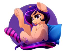 Size: 4380x3444 | Tagged: safe, artist:taneysha, oc, oc only, oc:amethyst arkin, earth pony, pony, clothes, cute, eyelashes, female, mare, pillow, silly, socks, solo, striped socks, tongue out