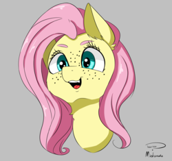 Size: 2373x2229 | Tagged: safe, artist:miokomata, artist:taurson, fluttershy, pony, g4, collaboration, cute, fangs, female, freckles, high res, mare, shyabetes, simple background, smiling, solo