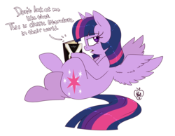 Size: 3600x2800 | Tagged: safe, artist:notenoughapples, twilight sparkle, alicorn, pony, g4, backwards cutie mark, book, crossed legs, dialogue, female, high res, reading, simple background, solo, transparent background, twilight (series), twilight sparkle (alicorn)