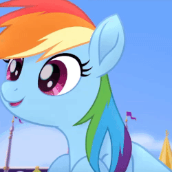 Size: 500x500 | Tagged: safe, screencap, rainbow dash, pegasus, pony, my little pony: the movie, :p, animated, cropped, cute, dashabetes, eh?, female, floppy ears, flying, looking back, mare, open mouth, reaction image, silly, smiling, solo, spread wings, tongue out, wings