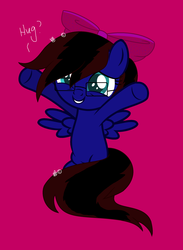 Size: 1948x2656 | Tagged: safe, artist:sugilitealpawolf, oc, oc only, oc:skitzy, pegasus, pony, dialogue, female, glasses, hug, hugs needed, mare, pink background, ribbon, simple background, solo