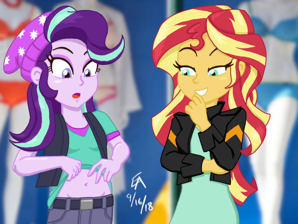 1834562 - safe, artist:mayorlight, starlight glimmer, sunset shimmer, equestria  girls, equestria girls specials, g4, my little pony equestria girls: mirror  magic, beanie, belly button, clothes, digital art, duo, hat, mannequin,  midriff, open