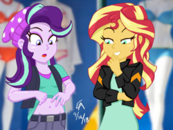 Size: 1024x768 | Tagged: safe, artist:mayorlight, starlight glimmer, sunset shimmer, equestria girls, equestria girls specials, g4, mirror magic, beanie, belly button, clothes, digital art, duo, hat, mannequin, midriff, open mouth, shirt, shirt lift, smiling, stock photo