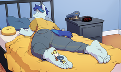 Size: 3372x2000 | Tagged: safe, artist:silverscarf, oc, oc only, oc:tomson, oc:unartic, anthro, plantigrade anthro, ass, barefoot, bed, butt, cap, clock, clothes, commission, feet, fetish, foot fetish, hat, high res, male, male feet, micro, pants, size difference, soles, toes