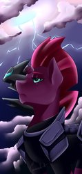 Size: 972x2048 | Tagged: safe, artist:crecious, tempest shadow, pony, unicorn, g4, airship, armor, broken horn, eye scar, female, horn, lightning, mare, scar, scar on the wrong side, solo, storm king's ship
