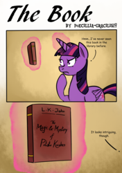 Size: 2900x4108 | Tagged: safe, artist:poecillia-gracilis19, twilight sparkle, alicorn, pony, g4, book, comic, glowing horn, horn, magic, potato knishes, speech, telekinesis, thinking, twilight sparkle (alicorn)