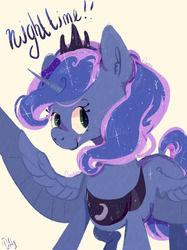 Size: 787x1053 | Tagged: safe, artist:carrot-leenah, princess luna, alicorn, pony, g4, constellation, dialogue, ethereal mane, female, jewelry, looking sideways, mare, one wing out, regalia, simple background, smiling, solo, starry mane, three quarter view, tongue out, white background
