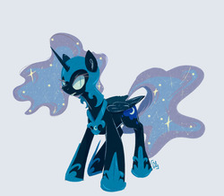 Size: 1280x1114 | Tagged: safe, artist:carrot-leenah, nightmare moon, alicorn, pony, g4, constellation, constellation hair, cutie mark, ethereal mane, female, helmet, hoof shoes, jewelry, looking at you, mare, regalia, simple background, slit pupils, solo, starry mane