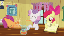Size: 1280x720 | Tagged: safe, screencap, apple bloom, scootaloo, sweetie belle, earth pony, pony, g4, hearts and hooves day (episode), ^^, absurdly long animation, absurdly slow animation, animated, blurry, cutie mark crusaders, eyes closed, feather, gif, mouth hold, plucking