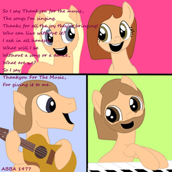 Size: 1000x1000 | Tagged: safe, artist:didgereethebrony, earth pony, pony, abba, guitar, lyrics, musical instrument, piano, singing, song reference, text, thank you for the music