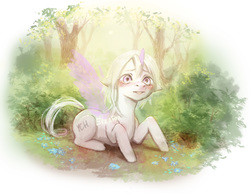 Size: 2535x1959 | Tagged: safe, artist:elzafox, oc, oc only, earth pony, pegasus, pony, unicorn, auction, commission, forest, shy, solo, sun, your character here