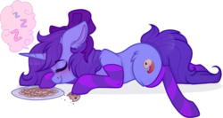 Size: 888x471 | Tagged: safe, artist:_spacemonkeyz_, oc, oc only, oc:seafood dinner, pony, unicorn, bow, clothes, cookie, female, food, hair bow, mare, prone, simple background, sleeping, socks, solo, striped socks, transparent background, z, zzz