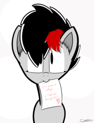 Size: 2000x2600 | Tagged: safe, artist:icy wind, oc, oc only, oc:miss eri, pony, black and red mane, cute, emo, high res, mouth hold, note, solo, two toned mane