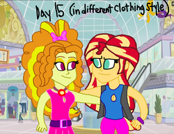 Size: 1900x1470 | Tagged: safe, artist:ktd1993, adagio dazzle, curly winds, some blue guy, sunset shimmer, equestria girls, g4, 30 day otp challenge, alternate clothes, canterlot mall, female, lesbian, ship:sunsagio, shipping