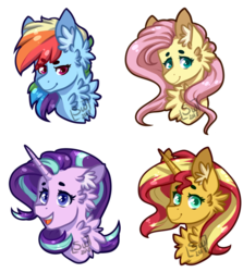 Size: 866x970 | Tagged: safe, artist:silentwolf-oficial, fluttershy, rainbow dash, starlight glimmer, sunset shimmer, pegasus, pony, unicorn, g4, bust, cheek fluff, chest fluff, ear fluff, female, mare, portrait, simple background, transparent background