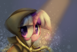 Size: 1778x1200 | Tagged: safe, artist:fluorbaryt, clover the clever, twilight, pony, unicorn, g1, g4, cloak, clothes, crepuscular rays, female, g1 to g4, generation leap, mare, snow, snowflake, solo