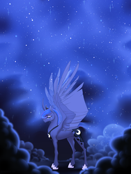 Size: 990x1320 | Tagged: safe, artist:dementra369, princess luna, alicorn, pony, g4, colored wings, concave belly, crown, crying, curved horn, eyes closed, female, hoof shoes, horn, jewelry, mare, night, peytral, princess shoes, regalia, slender, solo, spread wings, thin, two toned wings, wings