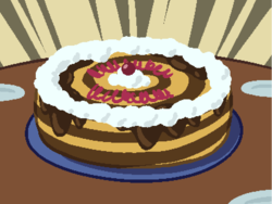 Size: 800x600 | Tagged: safe, artist:rangelost, cyoa:d20 pony, cake, cherry, chocolate, colored, cyoa, description is relevant, food, no pony, pixel art, plate, story included, table, whipped cream