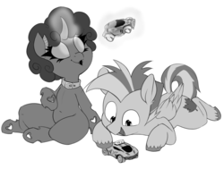 Size: 1280x967 | Tagged: safe, artist:whydomenhavenipples, oc, oc only, oc:dazzling flash, oc:maple syrup, changeling, pegasus, pony, changeling oc, cute, duo, mapling, monochrome, rocket league
