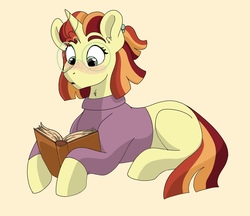 Size: 1179x1021 | Tagged: safe, artist:pastel-charms, oc, oc only, oc:cinnamon swirl, pony, unicorn, blushing, book, clothes, female, glasses, mare, offspring, parent:donut joe, parent:moondancer, parents:moondonut, prone, simple background, solo, sweater, yellow background