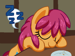 Size: 800x600 | Tagged: safe, artist:rangelost, oc, oc only, oc:trailblazer, earth pony, pony, cyoa:d20 pony, colored, cyoa, description is relevant, female, mare, pixel art, plate, sleeping, solo, story included, table, zzz