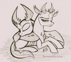 Size: 1527x1325 | Tagged: safe, artist:rossmaniteanzu, pharynx, thorax, changedling, changeling, g4, brotherly love, brothers, changedling brothers, cute, duo, duo male, king thorax, male, monochrome, pharybetes, prince pharynx, sibling, sibling love, siblings, sleeping, smiling, thorabetes, traditional art