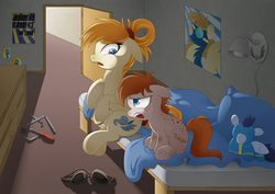 Size: 1200x848 | Tagged: safe, artist:littlehybridshila, oc, oc only, oc:propwash, oc:summer gale, earth pony, pegasus, pony, bandage, body freckles, colt, commission, crying, duo, feels, female, freckles, goggles, male, mare, mother and son, plushie, poster, story in the source, story included, wonderbolts