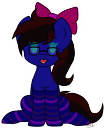 Size: 1212x1489 | Tagged: safe, artist:rooliarts, oc, oc only, oc:skitzy, pegasus, pony, chibi, clothes, female, glasses, ribbon, simple background, socks, solo, striped socks, transparent background