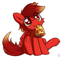 Size: 2062x1915 | Tagged: safe, artist:rivibaes, oc, oc only, oc:infernus, pegasus, pony, cute, eating, food, jalapeno, jalapeño, meat, mouth hold, pepperoni, pepperoni pizza, pizza, sitting, underhoof