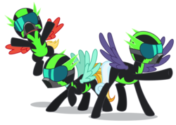 Size: 7778x5517 | Tagged: safe, artist:dragonchaser123, lightning dust, rolling thunder, short fuse, pegasus, pony, the washouts (episode), absurd resolution, clothes, female, goggles, helmet, male, mare, pose, simple background, stallion, the washouts, transparent background, trio, uniform, vector, washouts uniform